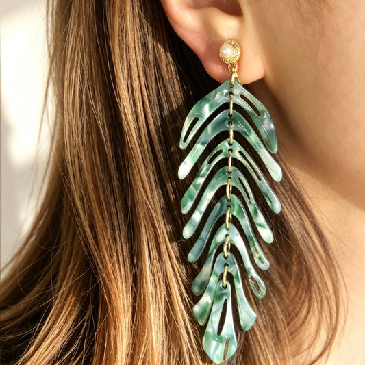 Green Leaf Dangle Drop Clip On Earrings