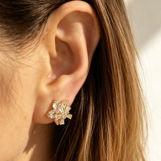 Clip On Double Layer Flower Diamond Earrings