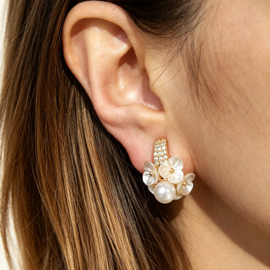 Fairy Cream White Pearl Flower Clip-On Earrings