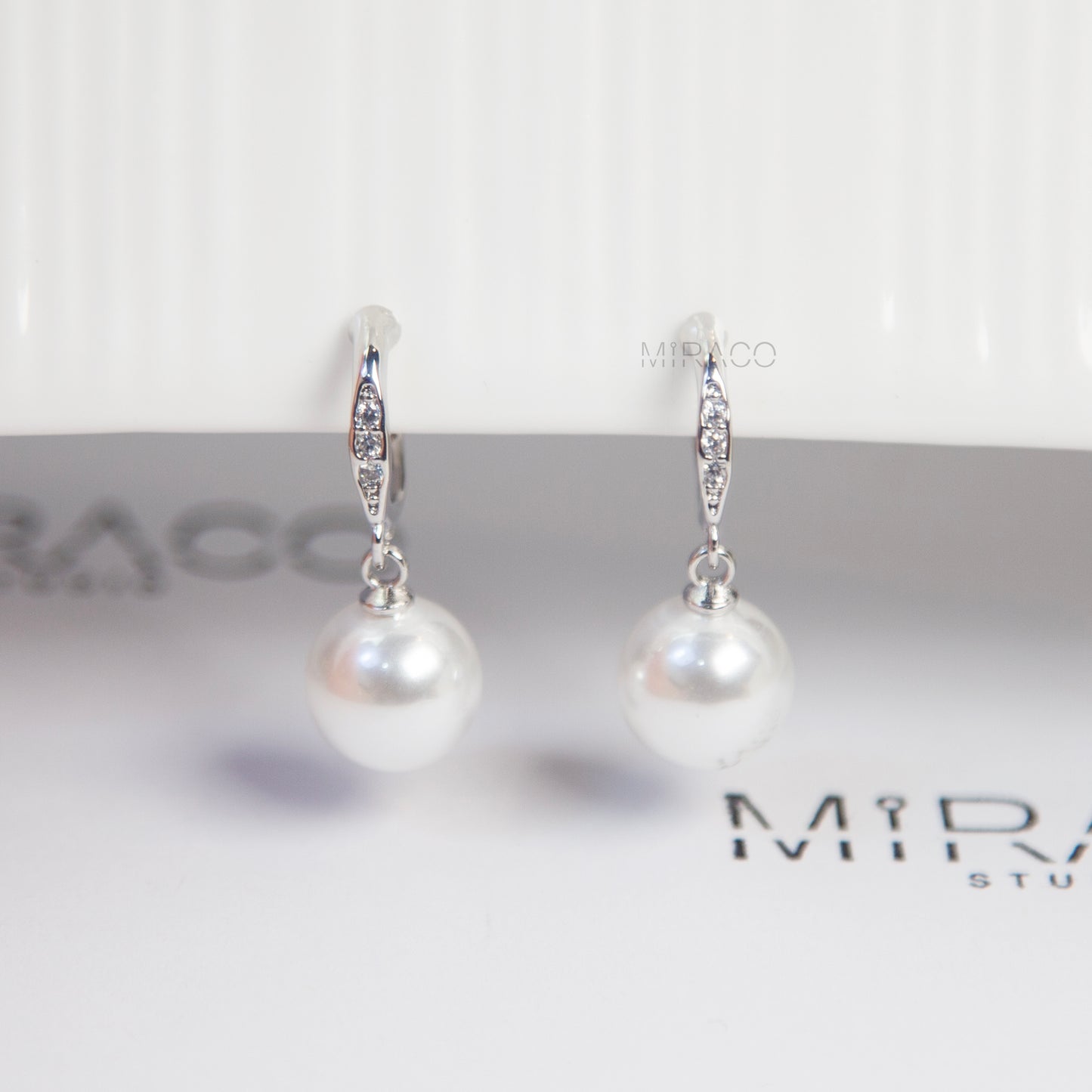 Silver Clip-On Hoop Earrings with Pave Dangle and White Faux Pearl