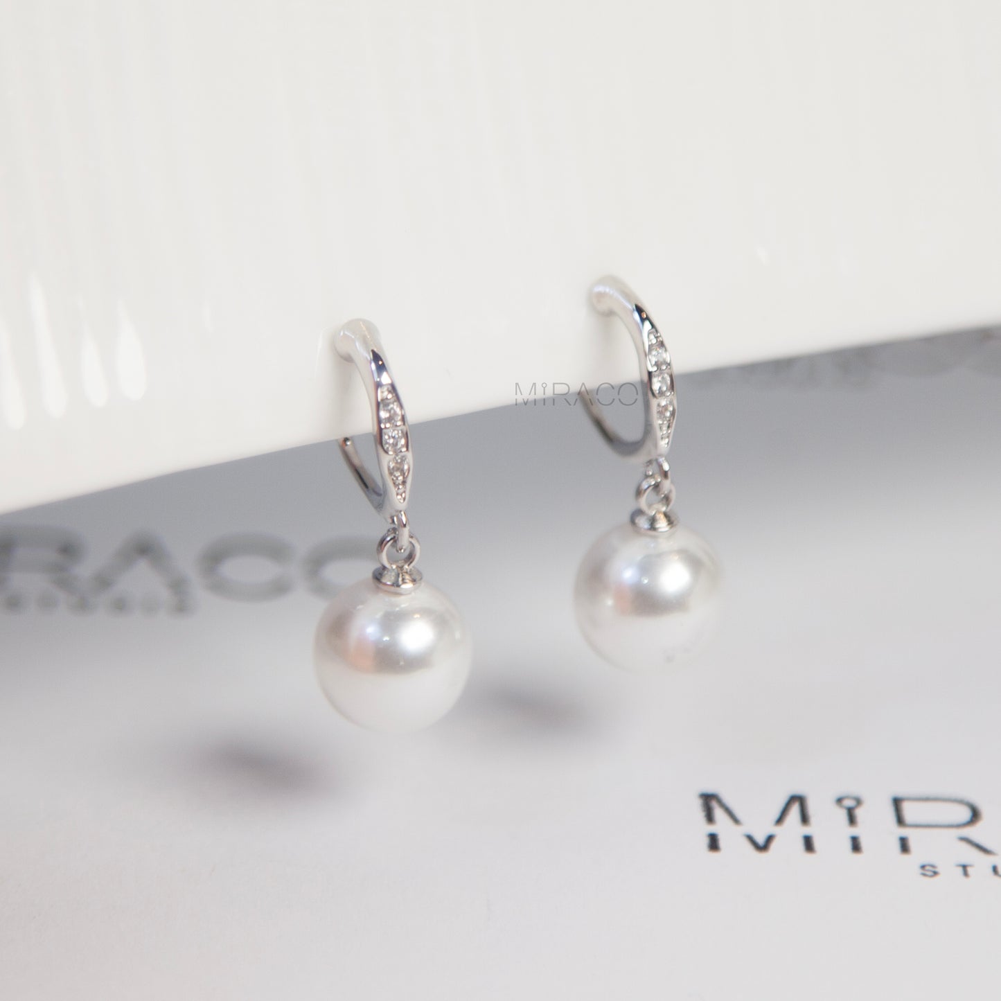 Silver Clip-On Hoop Earrings with Pave Dangle and White Faux Pearl