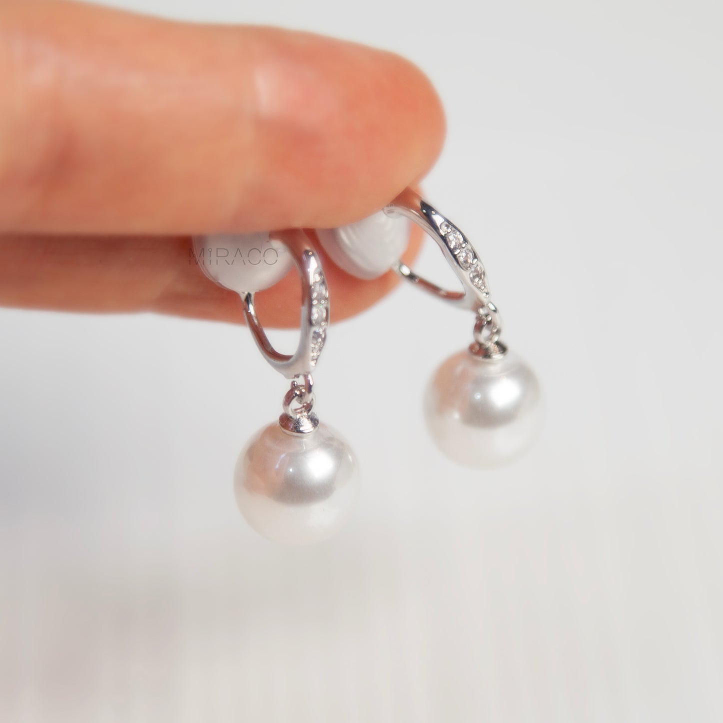Silver Clip-On Hoop Earrings with Pave Dangle and White Faux Pearl