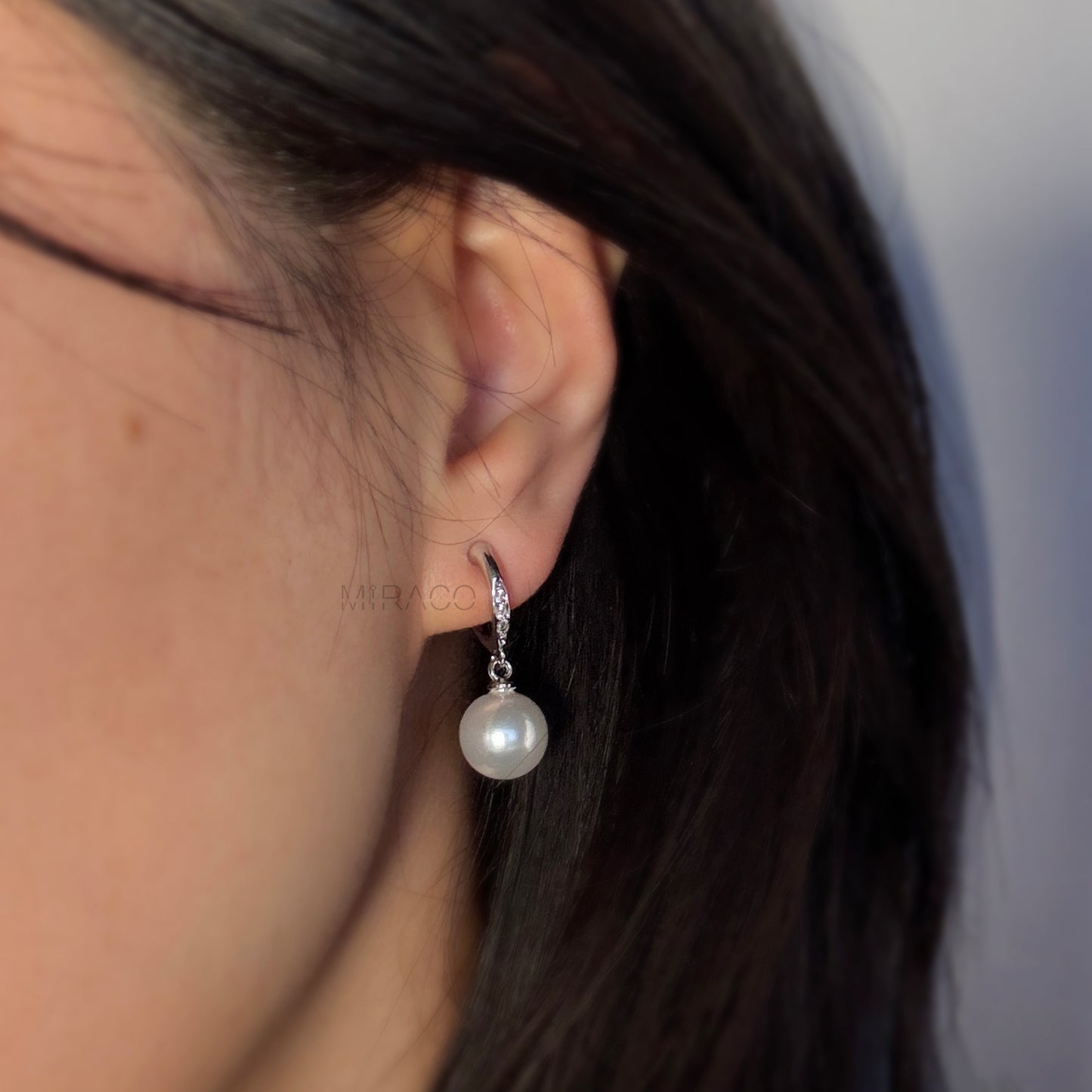 Silver Clip-On Hoop Earrings with Pave Dangle and White Faux Pearl