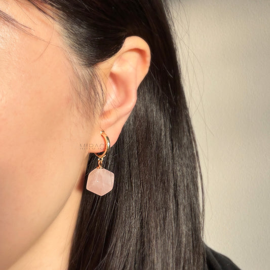Elegant clip-on earrings with coil backs. Choose rose quartz or amethyst cube dangles on gold hoops. Handmade, lightweight & perfect for non-pierced ears.