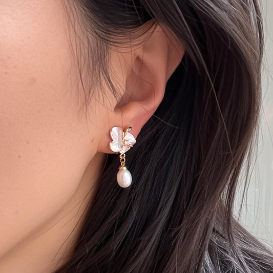 Clip-On Earrings – Cream Flower Dangle with Freshwater Pearl