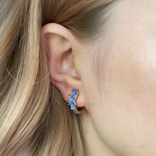 Silver Textured Hoop Earrings with Blue Stones – Pierced & Clip-On Options