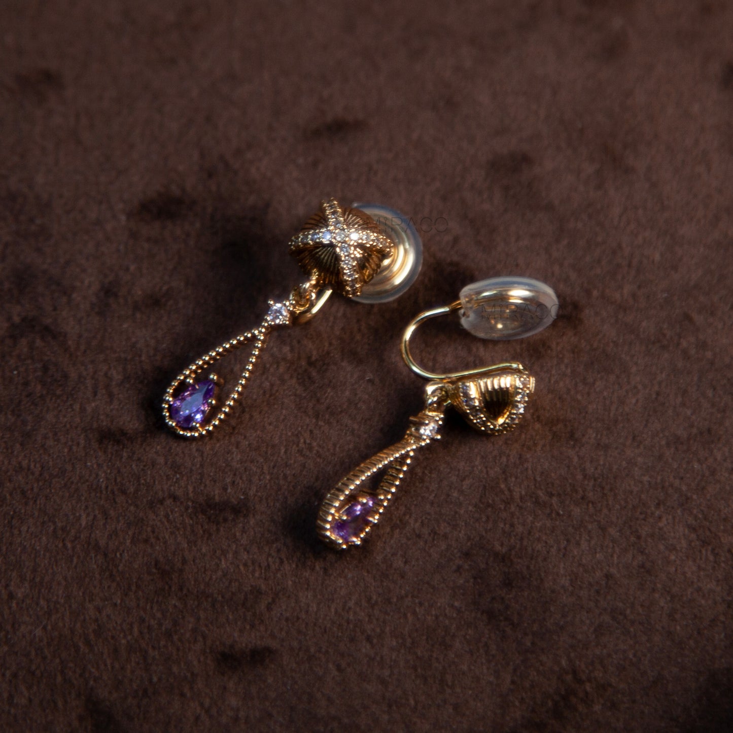 Vintage Style Gold Clip-On Earrings – Teardrop Dangle with Purple Stone