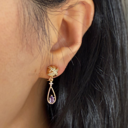 Vintage Style Gold Clip-On Earrings – Teardrop Dangle with Purple Stone