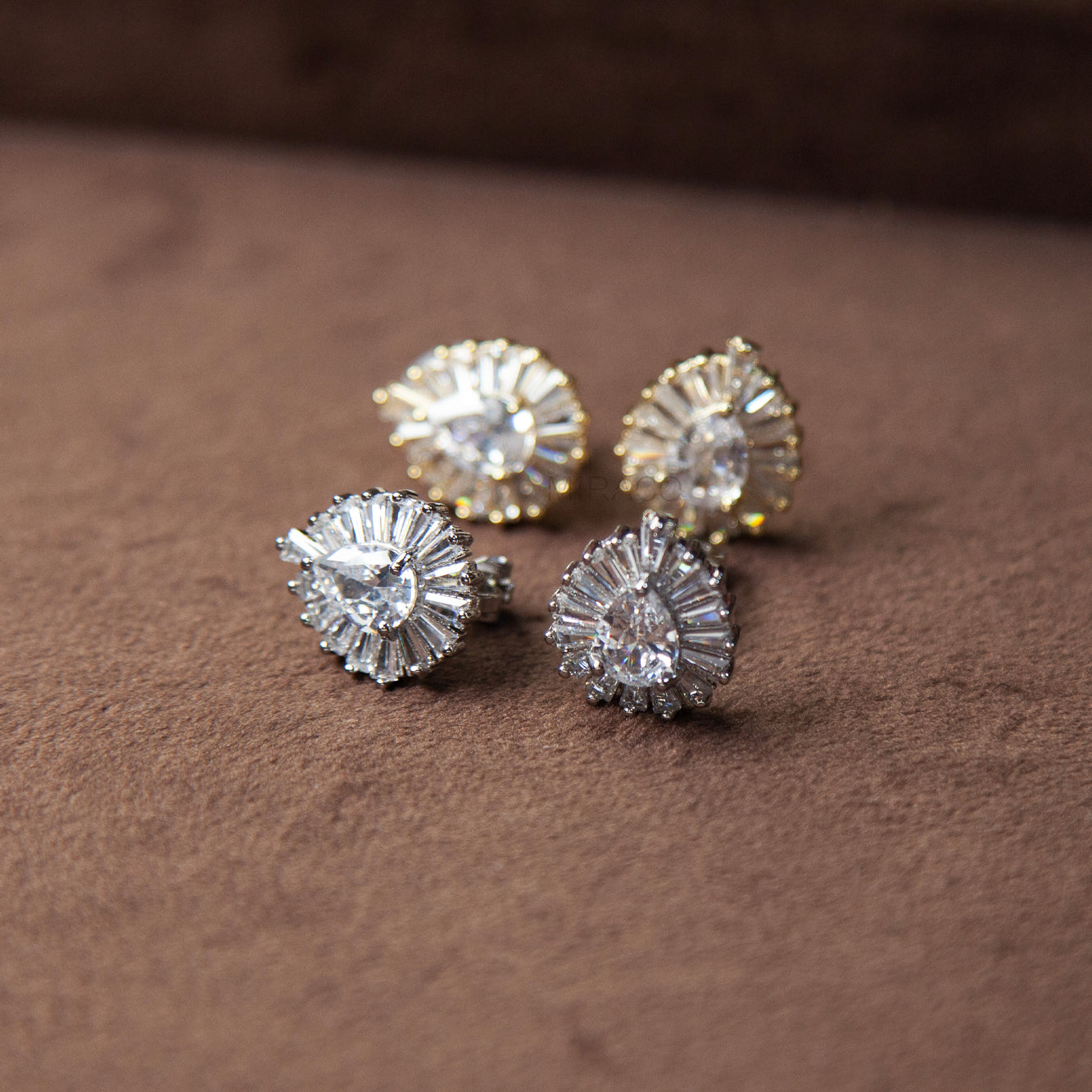 Pear-Shaped CZ Sunburst Clip-On Earrings – Gold or Silver