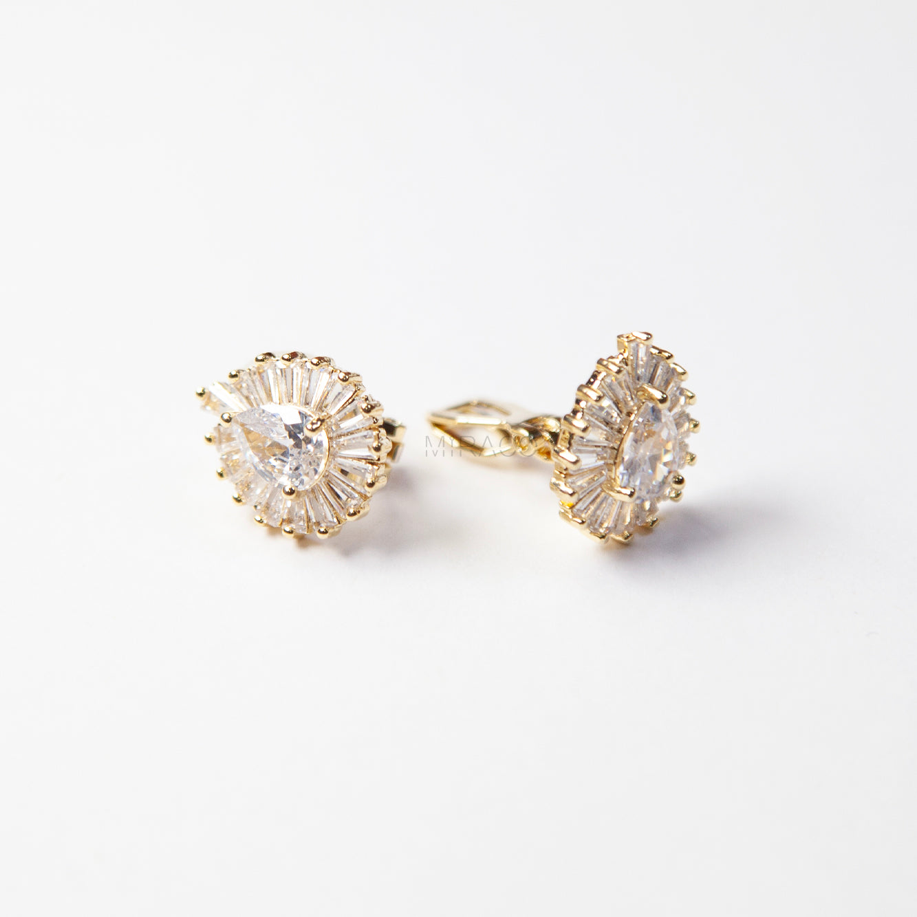 Pear-Shaped CZ Sunburst Clip-On Earrings – Gold or Silver