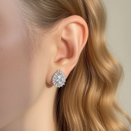 Pear-Shaped CZ Sunburst Clip-On Earrings – Gold or Silver