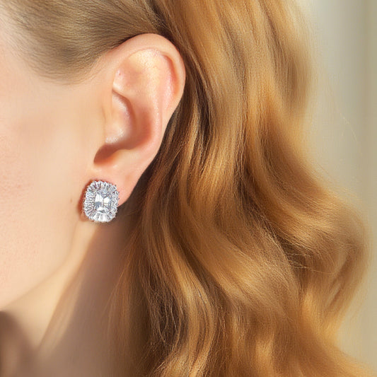Emerald-Cut Halo CZ Clip-On Earrings – Mini Clip Back