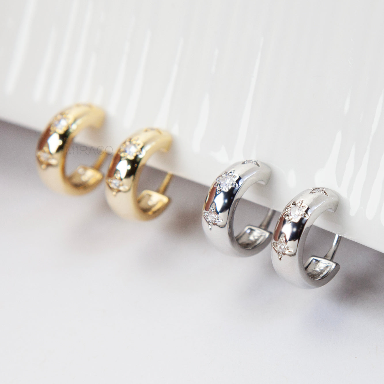Star Crystal CZ Hoop Clip-On Earrings – Coil Back, Gold or Silver
