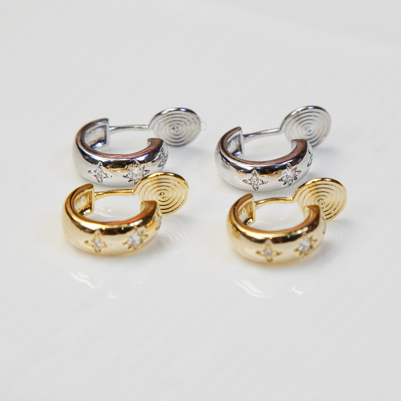Star Crystal CZ Hoop Clip-On Earrings – Coil Back, Gold or Silver