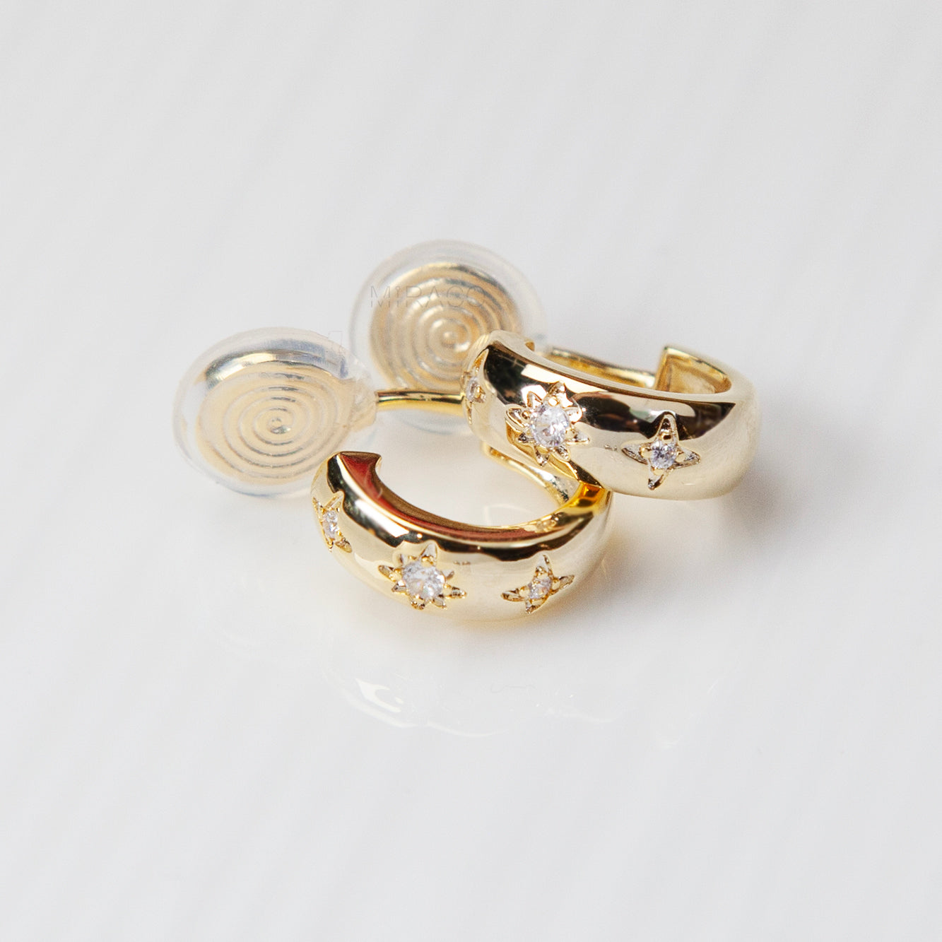 Star Crystal CZ Hoop Clip-On Earrings – Coil Back, Gold or Silver