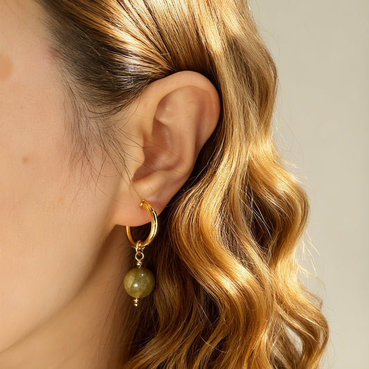 Gold Clip-On Hoop Earrings with Green Sandalwood Beads – Natural Wooden Charm