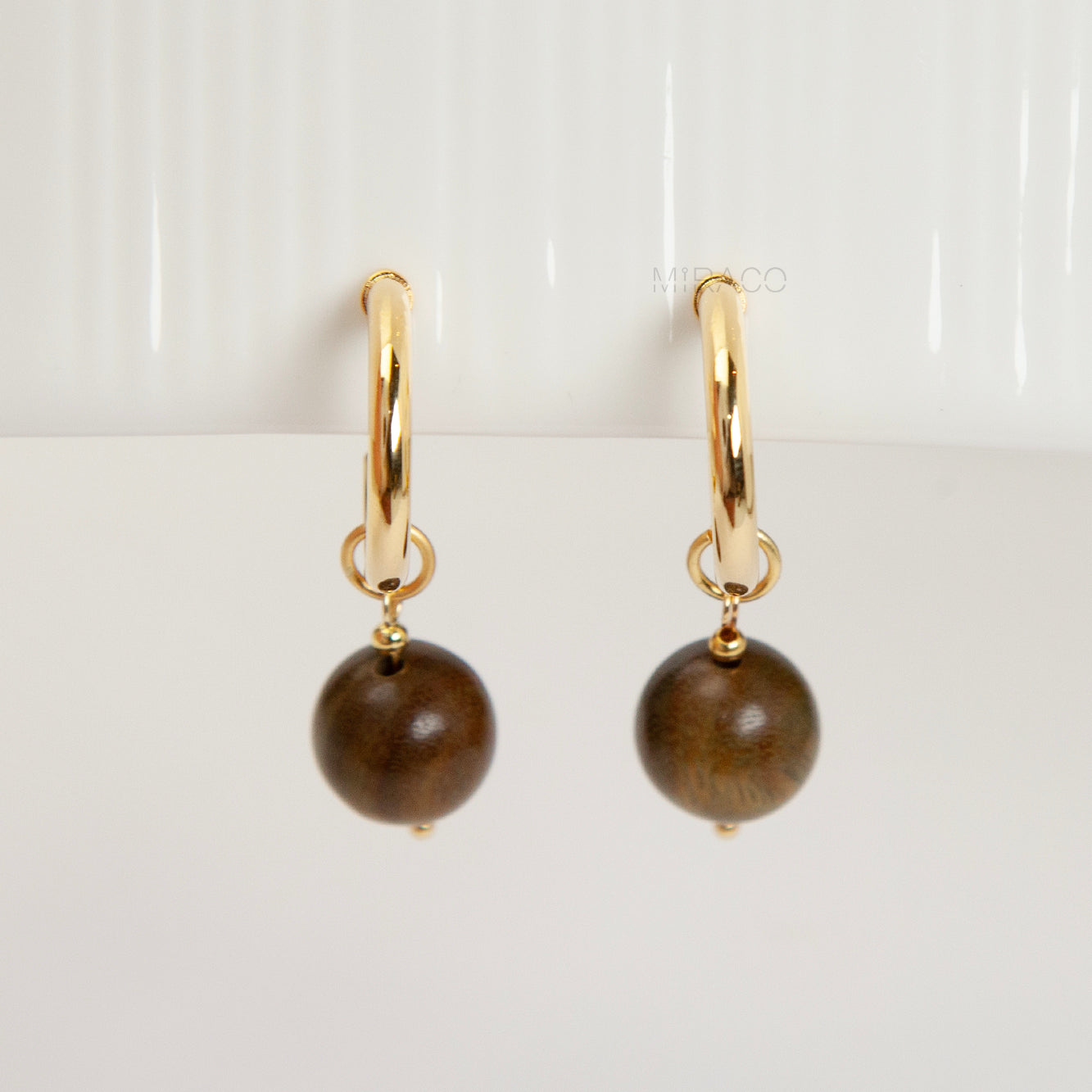 Gold Clip-On Hoop Earrings with Green Sandalwood Beads – Natural Wooden Charm