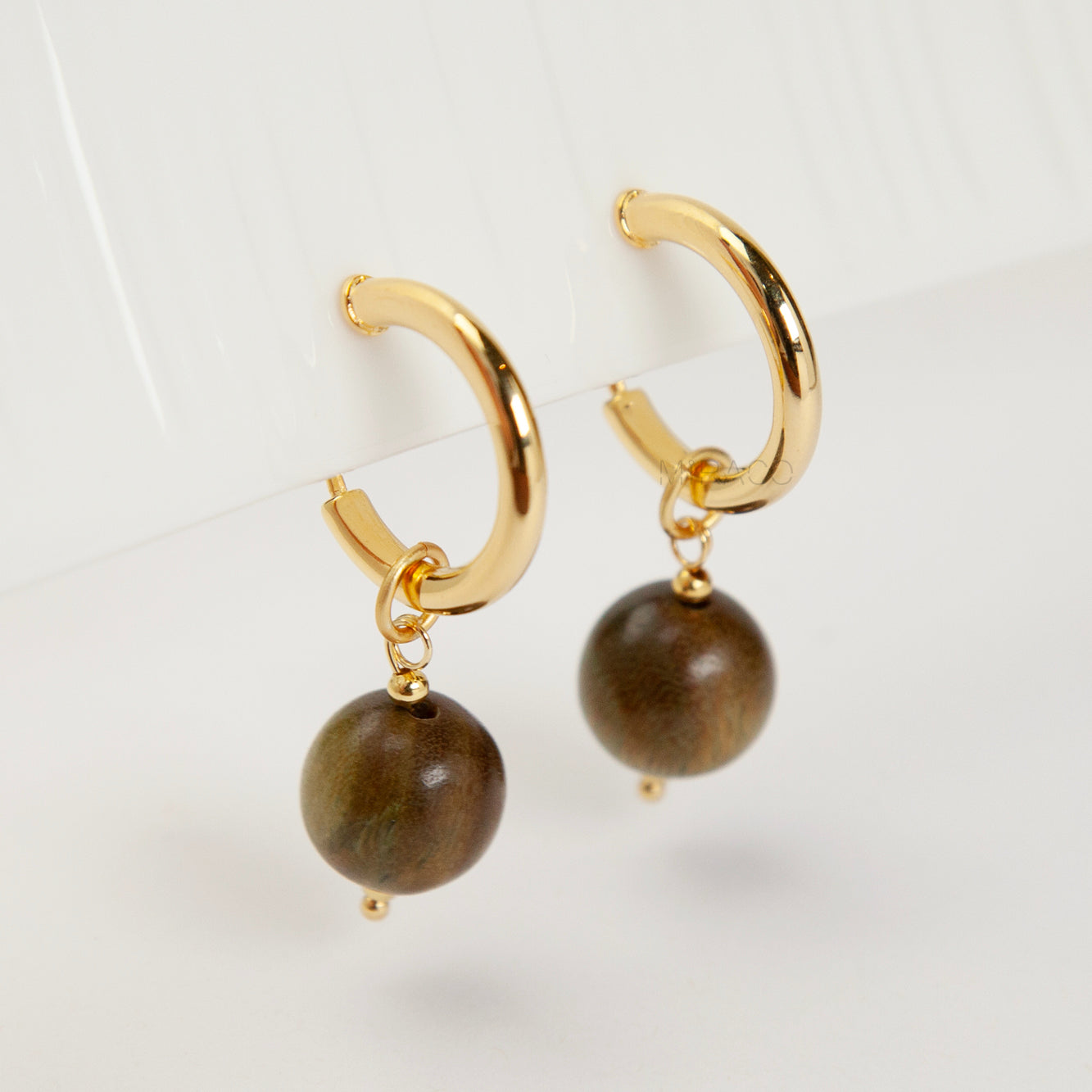 Gold Clip-On Hoop Earrings with Green Sandalwood Beads – Natural Wooden Charm