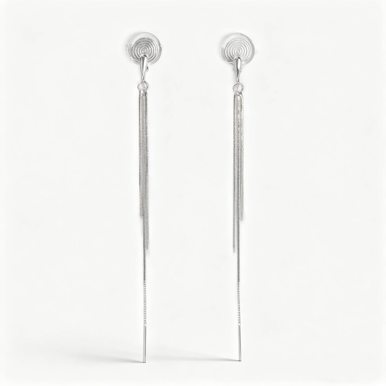 Silver Tassel Clip-On Earrings – Long Dangle Chain Earrings