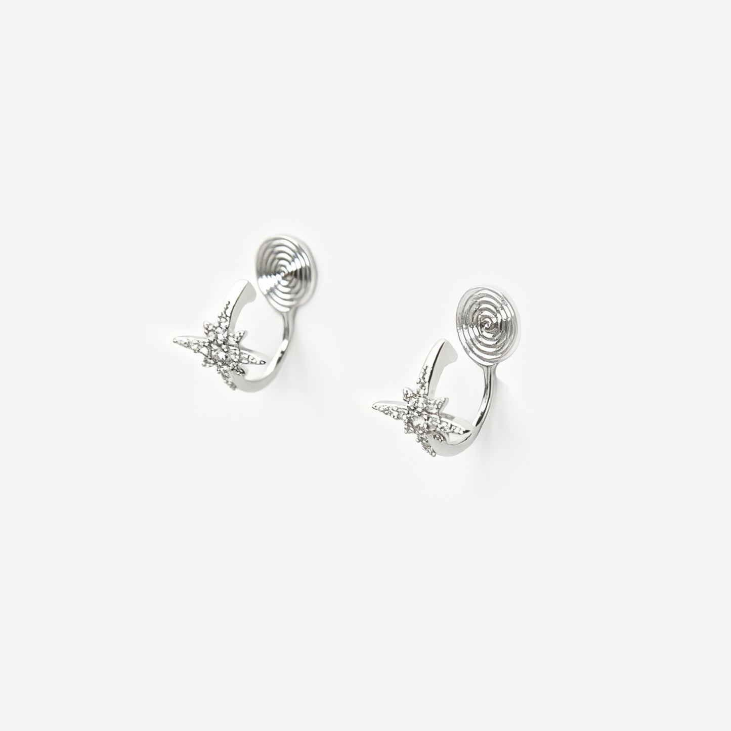 silver star clip-on earrings, pave star hoop earrings, non pierced star hoops, clip-on ear cuff earrings, celestial clip-on jewelry, diamond star earrings without piercing, small star hoop clip-ons, silver ear cuff non pierced