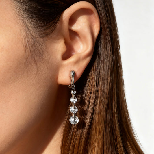 silver dangle clip-on earrings, non pierced diamond drop earrings, crystal clip on earrings, silver coil back earrings, dangling clip on earrings