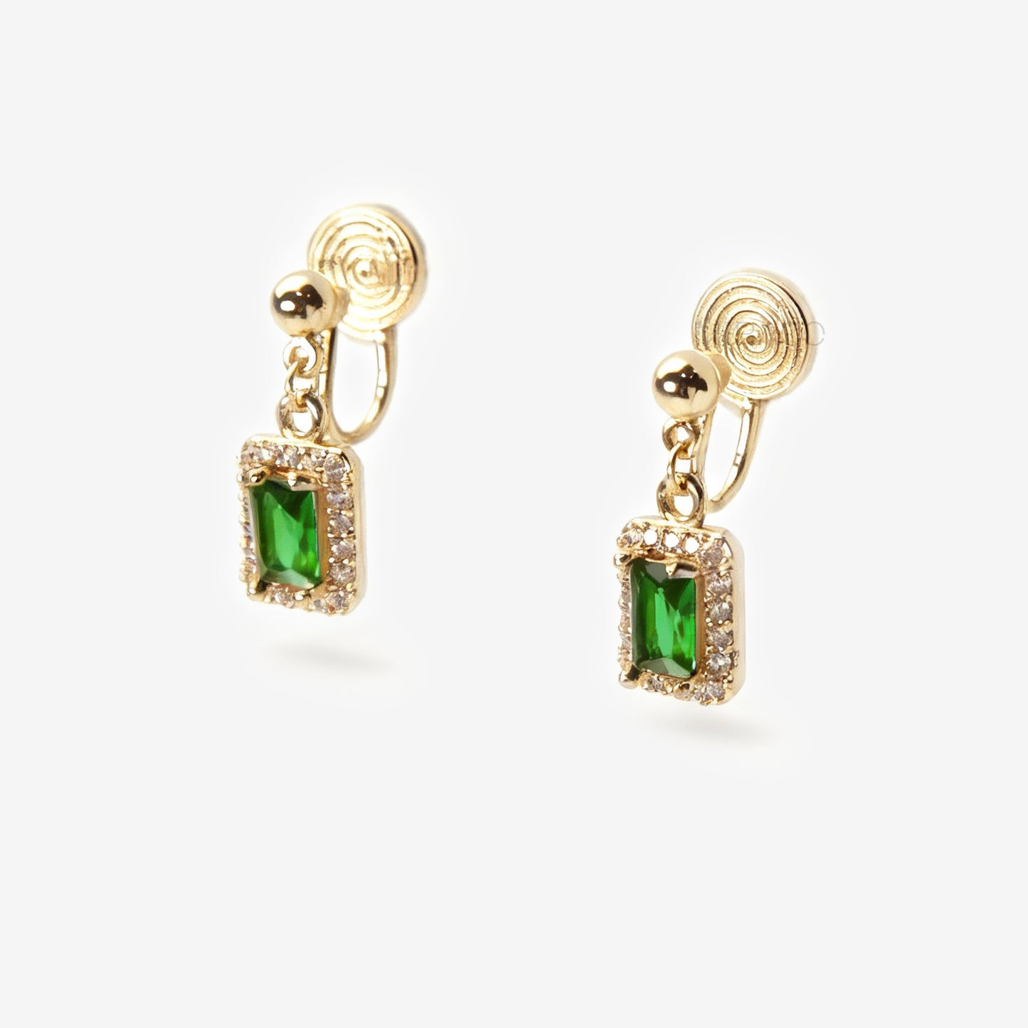 emerald green clip on earrings, rectangle drop earrings, crystal border clip on earrings, gold clip on earrings, non pierced earrings green stone, elegant clip on earrings, green drop earrings, coil back clip on earrings, statement clip on earrings