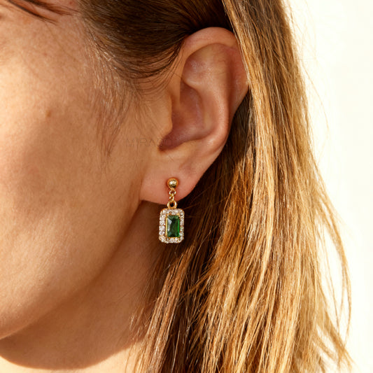 emerald green clip on earrings, rectangle drop earrings, crystal border clip on earrings, gold clip on earrings, non pierced earrings green stone, elegant clip on earrings, green drop earrings, coil back clip on earrings, statement clip on earrings