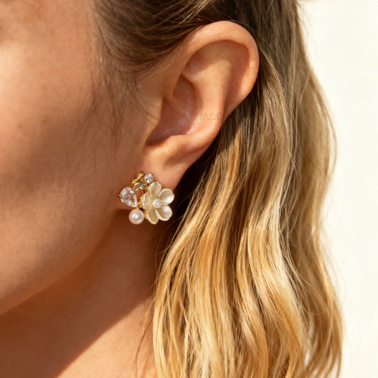 Gold-tone pearl flower clip-on earrings with crystals and coil-back clips for non-pierced ears.