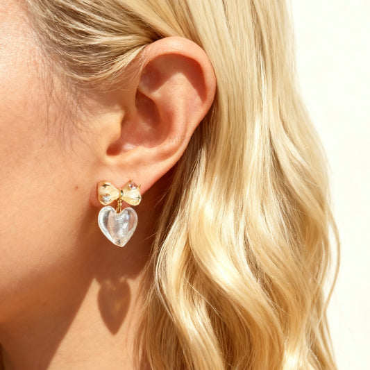 Retro Glass Heart Bow Clip-On Earrings- Coil Back, Non-Pierced
