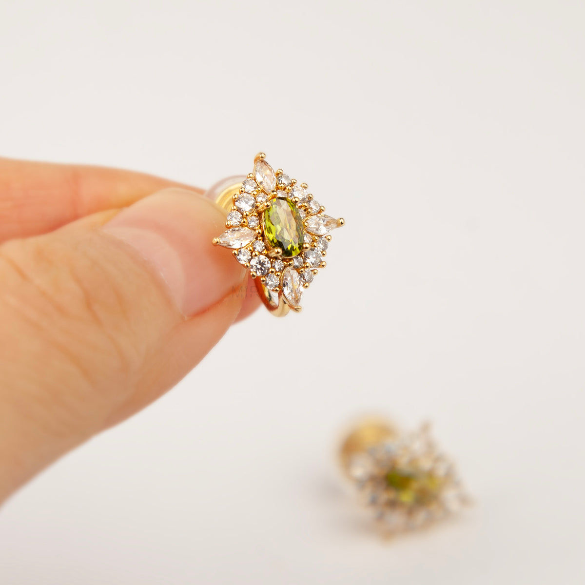 Vintage Olive Green CZ Cluster Coil Back Clip On Earrings for Unpierced Ears
