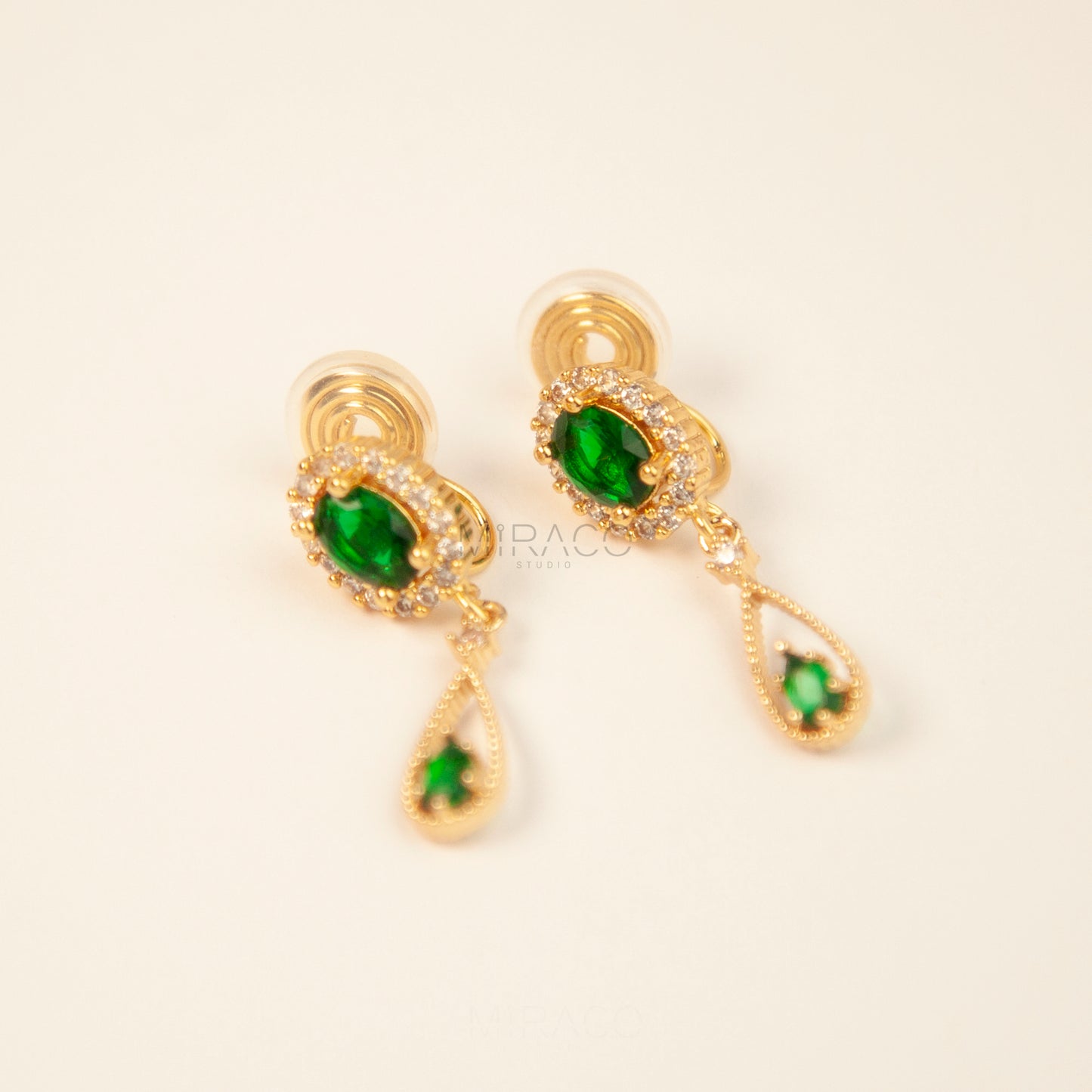 Green Gemstones Non-Pierced Golden Dangle Earrings with Green Crystal Diamonds