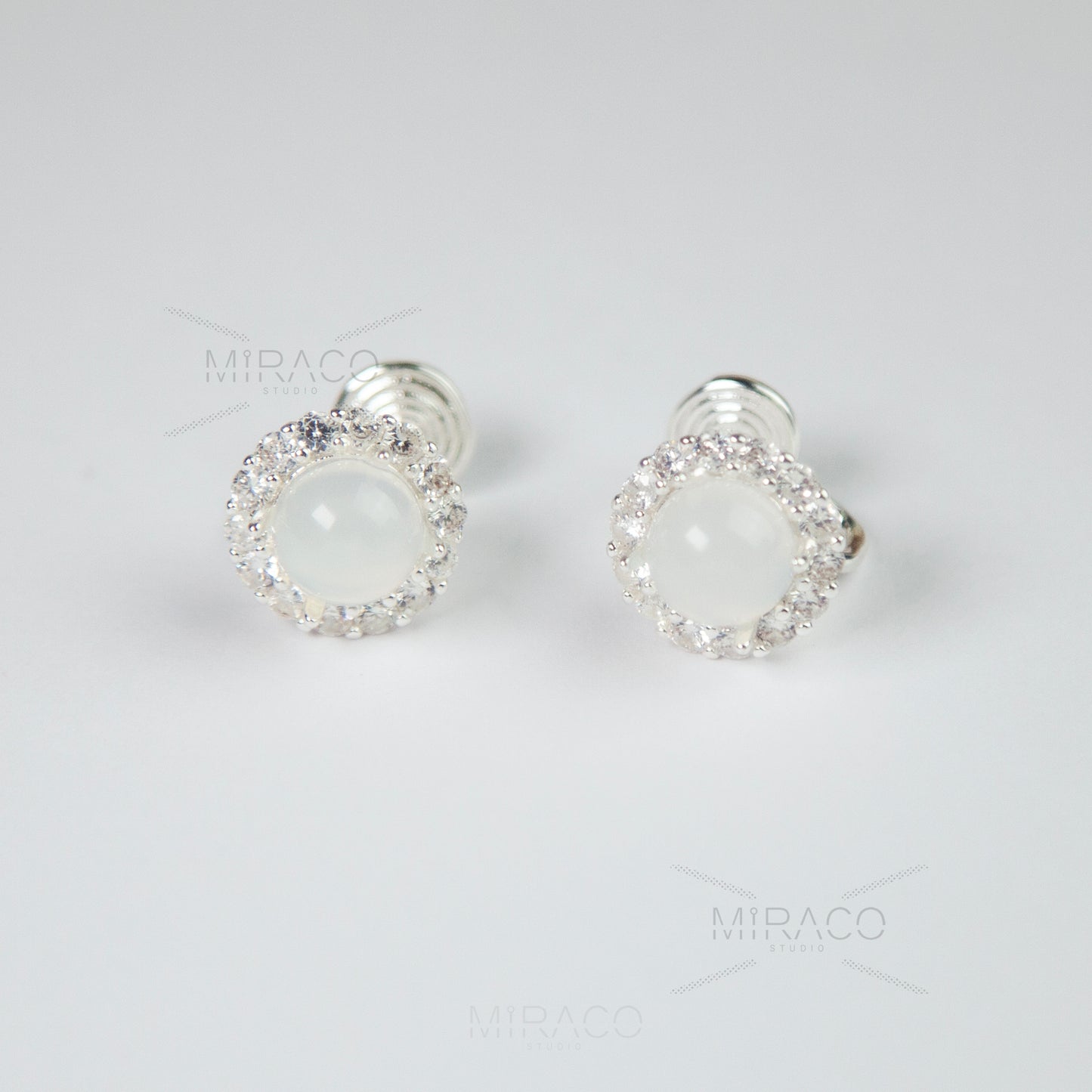 Silver Colour White Jade Look Studs Earrings, Round Clear Gem Stone Stud Non Pierced Earrings