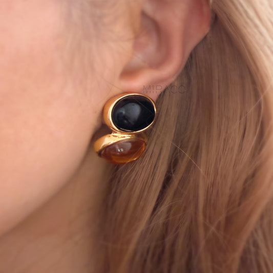 clip on earrings for non pierced ears
screw back clip on earrings
gold clip on earrings UK
statement clip on earrings
black and amber earrings
bold vintage earrings
unisex clip on earrings
gift for earring lovers
retro style jewellery UK