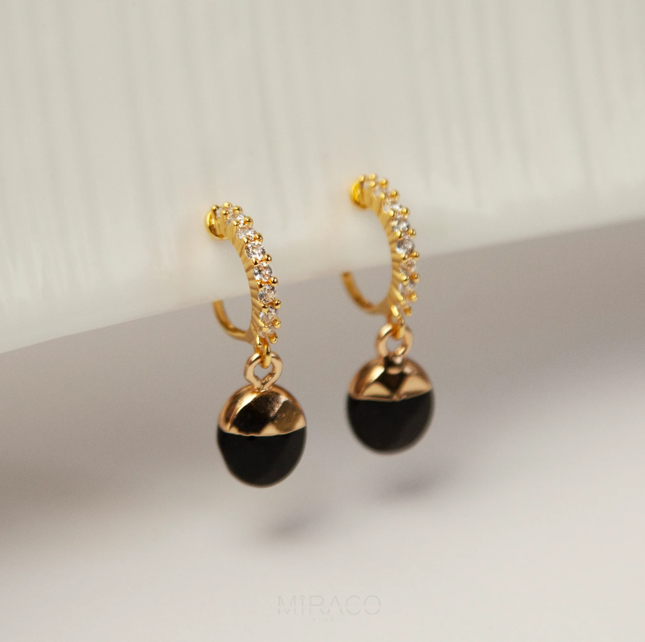 Black Stone Dangle Earrings, Diamond Hoop Earrings, Gold Balck Obsidian Non Pierced Earrings