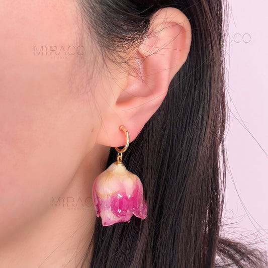 Real Rose Flower Dangle Hoop Earrings, Floral Resin Earrings, Pinky Floral Rosebuds Earrings