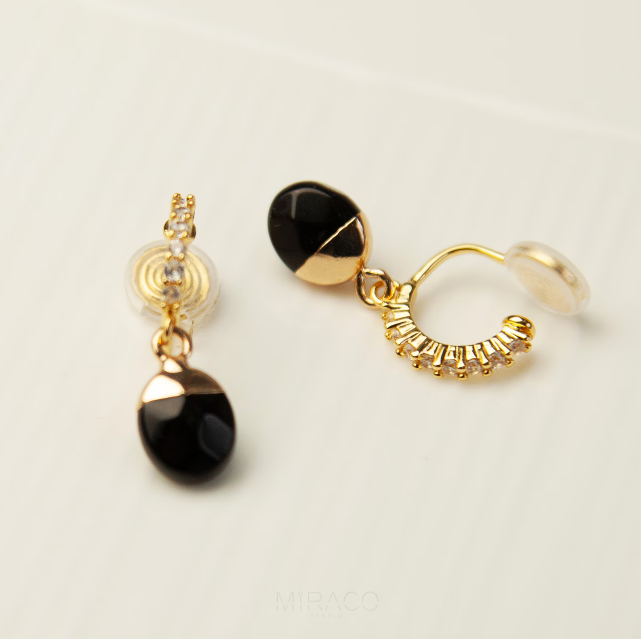 Black Stone Dangle Earrings, Diamond Hoop Earrings, Gold Balck Obsidian Non Pierced Earrings