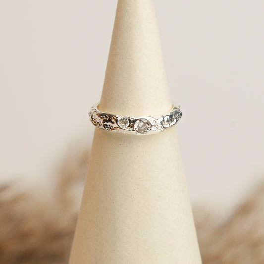 Sterling Silver Hammered Adjustable Ring with Diamonds