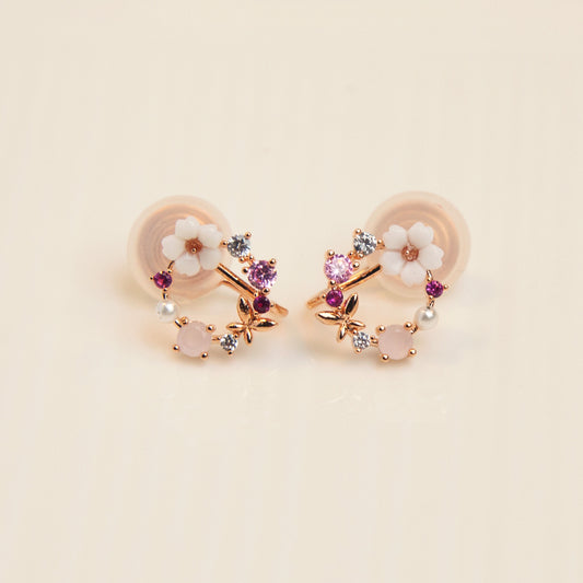 Rose Gold Pink Crystal Floral Open Clip On Earrings