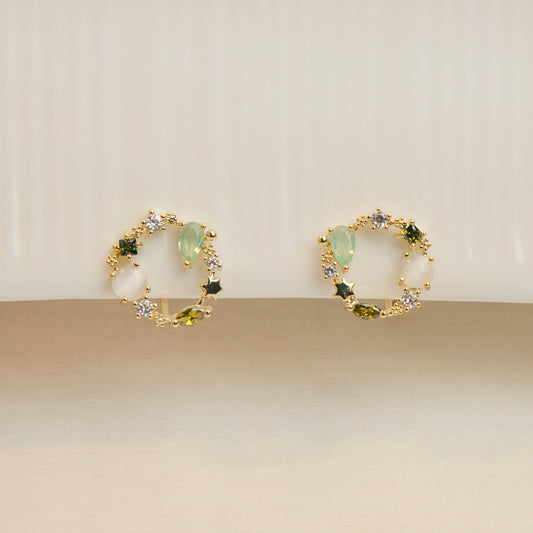 Green Gemstone Crystal Wreath Clip On Earrings