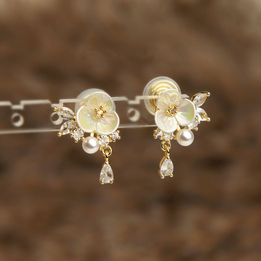 Cream White Pearl Flower Clip-On Earrings with Crystal Leaves