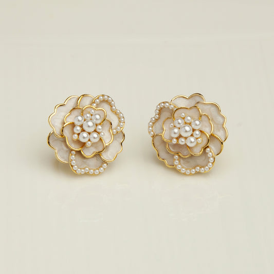 Clip On Cream White Camellia Flower Earrings Pearl Stud Earrings