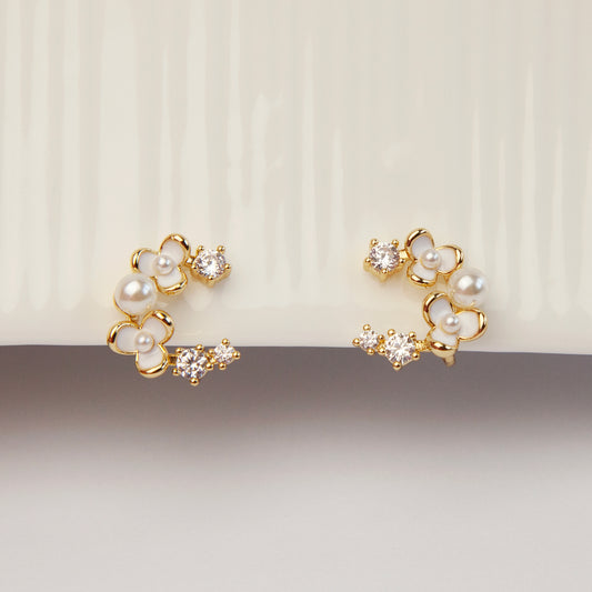 Moon Shape Clip-On Earrings with White Flowers