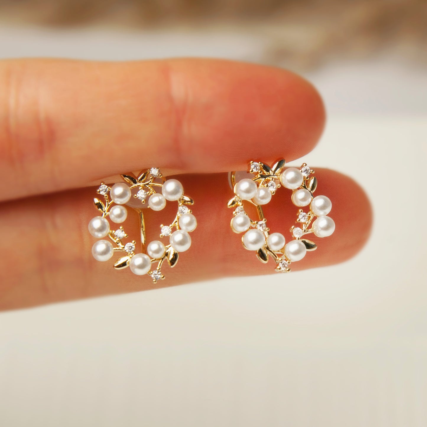 Clip On Stud Earrings with Pearls and Crystals, Gold-Tone Pearl and Crystal Wreath Earrings, Floral Open Circle Studs, Non Pierced Earrings