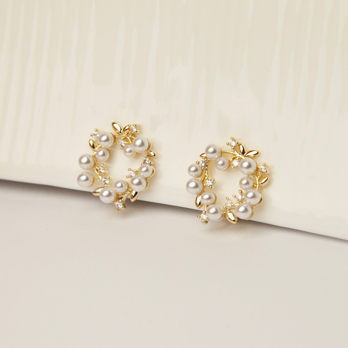 Clip On Stud Earrings with Pearls and Crystals, Gold-Tone Pearl and Crystal Wreath Earrings, Floral Open Circle Studs, Non Pierced Earrings