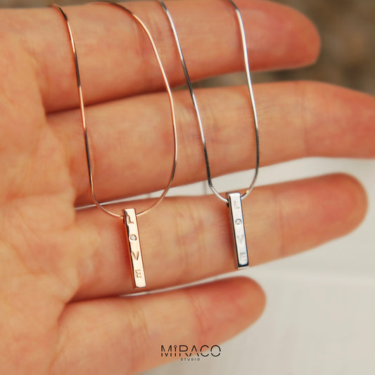 Sterling Silver Vertical Bar Necklace, Silver Minimalist Snake Chain Adjustable Choker Necklace, Rose Gold Plated Love Cube Pendant Necklace
