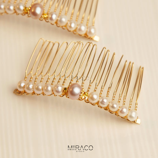 gold-colored freshwater pearl hair combs