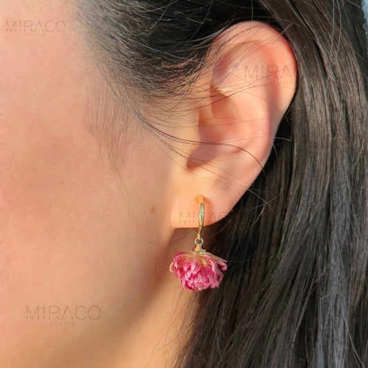pink dried flower clip on earrings Gold Hoop Earrings with Preserved Glove Amaranth Flower Dangle Hoop Pink Floral Resin Earrings