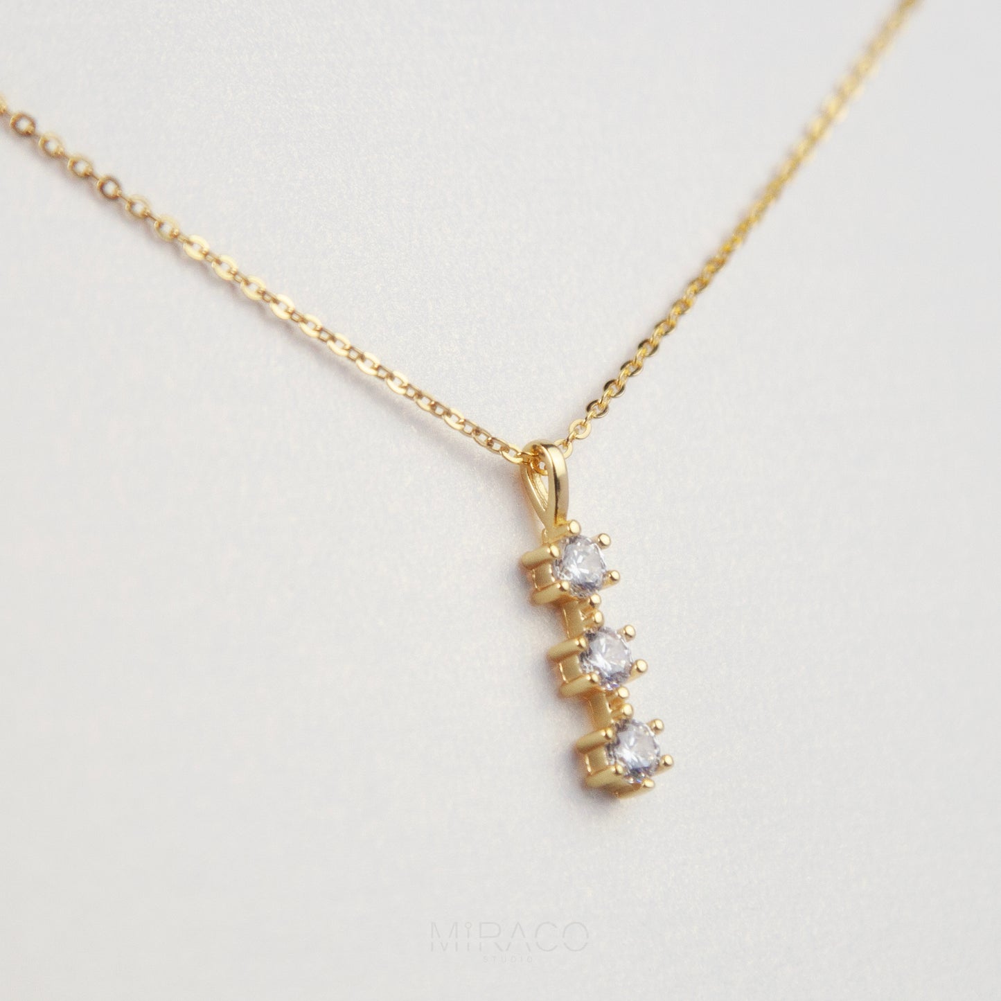 Gold 925 Sterling Silver Diamond Pendant Necklace Three Stone Crystal