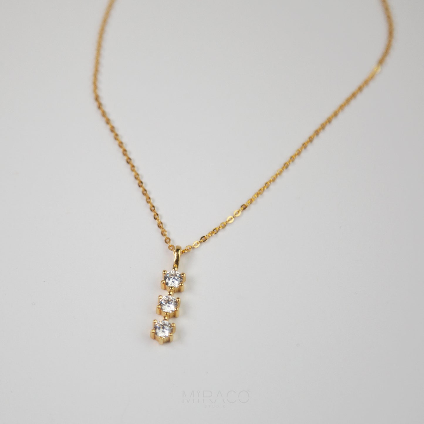 Gold 925 Sterling Silver Diamond Pendant Necklace Three Stone Crystal