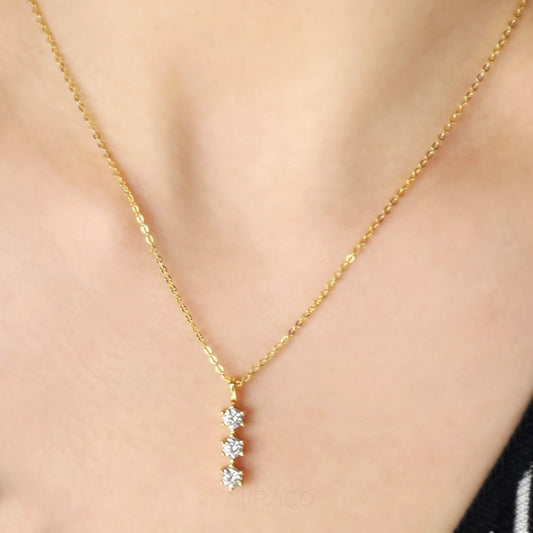 Gold 925 Sterling Silver Diamond Pendant Necklace Three Stone Crystal